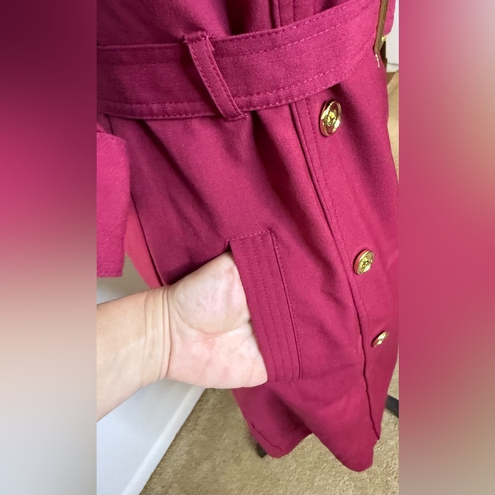 Sharagano Red wrap shirt dress belted gold tone buttons, buckle pockets 4 EUC - Picture 3 of 9